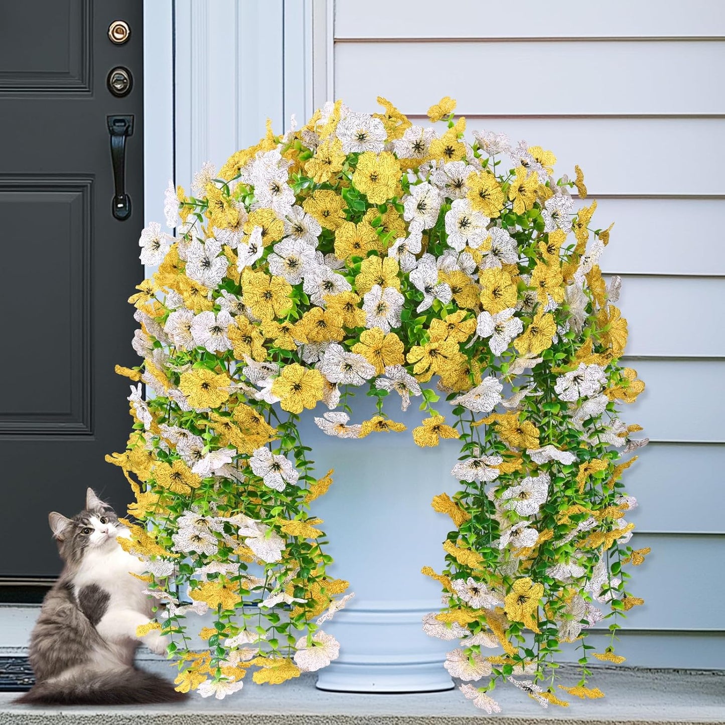 4 Pcs Look Real Artificial Flowers for Outdoors Fake Flowers | Realistic Artificial Hanging Flower UV Resistant Silk Faux Hanging Plants Flower for Porch Patio Garden (White+Yellow)