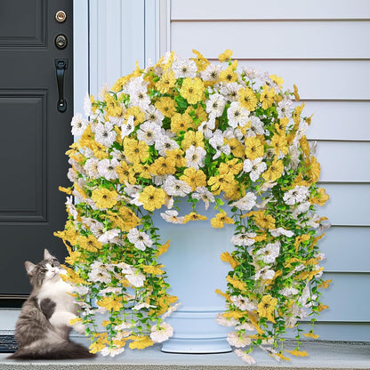 4 Pcs Look Real Artificial Flowers for Outdoors Fake Flowers | Realistic Artificial Hanging Flower UV Resistant Silk Faux Hanging Plants Flower for Porch Patio Garden (White+Yellow)
