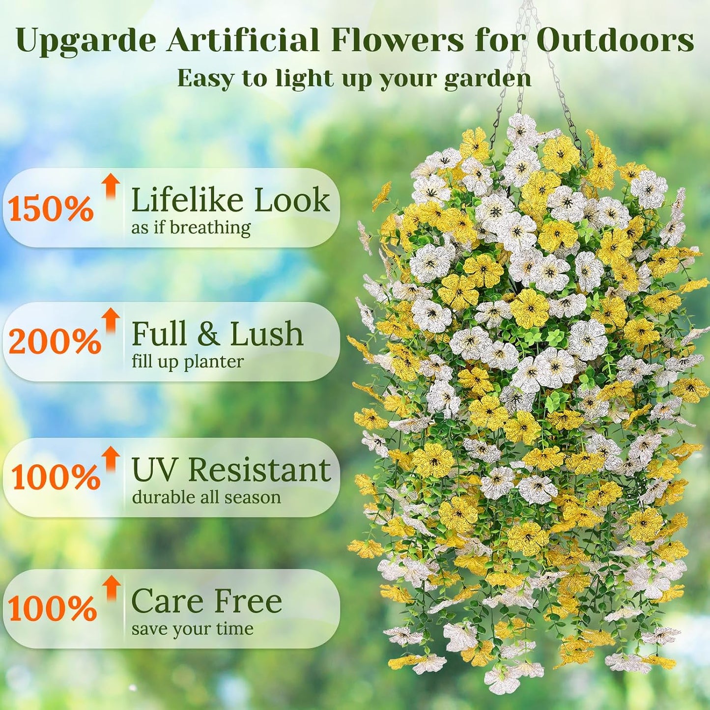 4 Pcs Look Real Artificial Flowers for Outdoors Fake Flowers | Realistic Artificial Hanging Flower UV Resistant Silk Faux Hanging Plants Flower for Porch Patio Garden (White+Yellow)