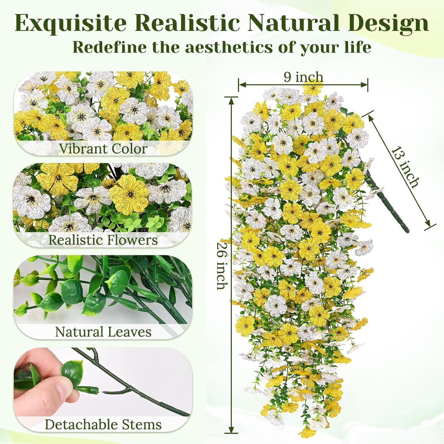 4 Pcs Look Real Artificial Flowers for Outdoors Fake Flowers | Realistic Artificial Hanging Flower UV Resistant Silk Faux Hanging Plants Flower for Porch Patio Garden (White+Yellow)