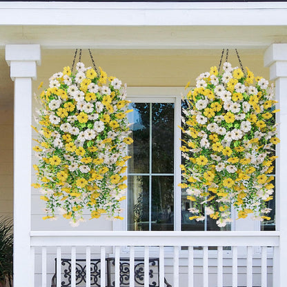 4 Pcs Look Real Artificial Flowers for Outdoors Fake Flowers | Realistic Artificial Hanging Flower UV Resistant Silk Faux Hanging Plants Flower for Porch Patio Garden (White+Yellow)