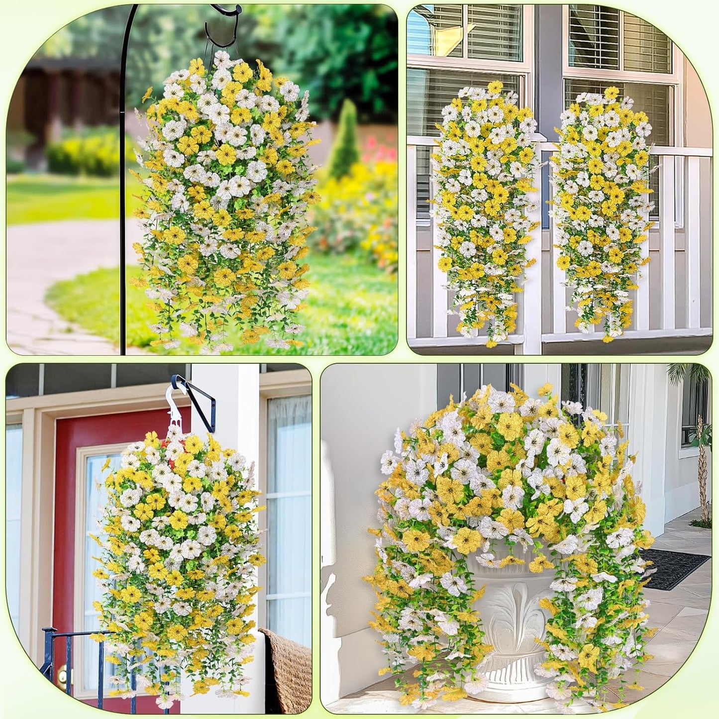 4 Pcs Look Real Artificial Flowers for Outdoors Fake Flowers | Realistic Artificial Hanging Flower UV Resistant Silk Faux Hanging Plants Flower for Porch Patio Garden (White+Yellow)