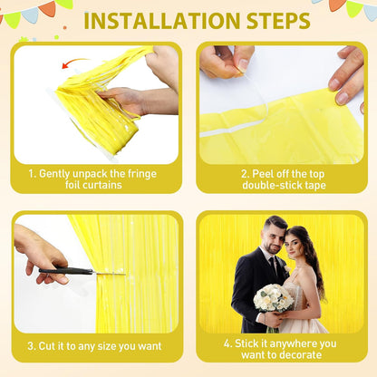 Yellow Tinsel Backdrop Foil Fringe Curtains - 2 Packs Door Streamers Backdrop for Birthday Door Decorations, Party Supplies for Easter Thanksgiving Graduation, Mardi Gras Decor