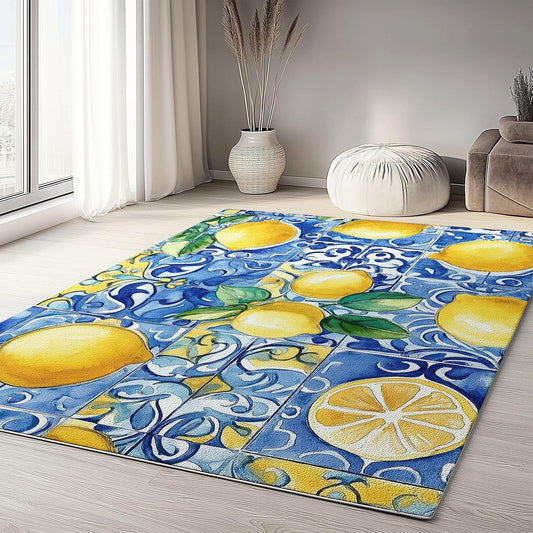 Lemon Fruit Blue Mosaic Geometry Area Rug 3 x 4, Soft Foldable Kids Rugs for Bedroom, Lightweight Carpet for Bedroom, Nursery, Living Room, Playroom, Study Room