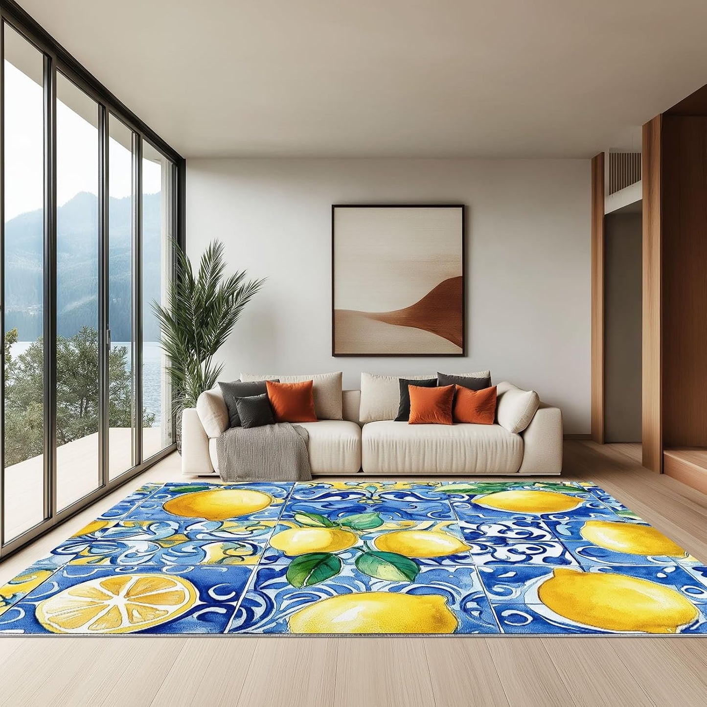 Lemon Fruit Blue Mosaic Geometry Area Rug 3 x 4, Soft Foldable Kids Rugs for Bedroom, Lightweight Carpet for Bedroom, Nursery, Living Room, Playroom, Study Room