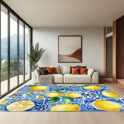 Lemon Fruit Blue Mosaic Geometry Area Rug 3 x 4, Soft Foldable Kids Rugs for Bedroom, Lightweight Carpet for Bedroom, Nursery, Living Room, Playroom, Study Room