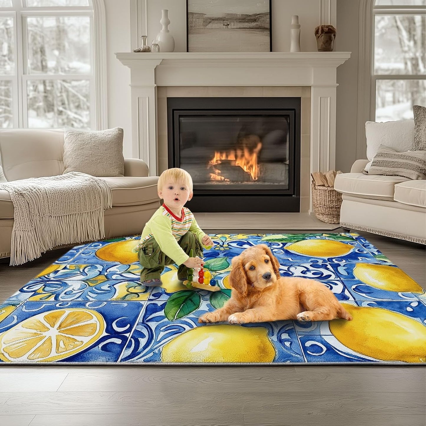 Lemon Fruit Blue Mosaic Geometry Area Rug 3 x 4, Soft Foldable Kids Rugs for Bedroom, Lightweight Carpet for Bedroom, Nursery, Living Room, Playroom, Study Room