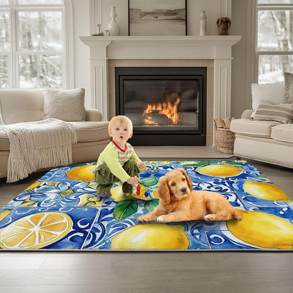 Lemon Fruit Blue Mosaic Geometry Area Rug 3 x 4, Soft Foldable Kids Rugs for Bedroom, Lightweight Carpet for Bedroom, Nursery, Living Room, Playroom, Study Room