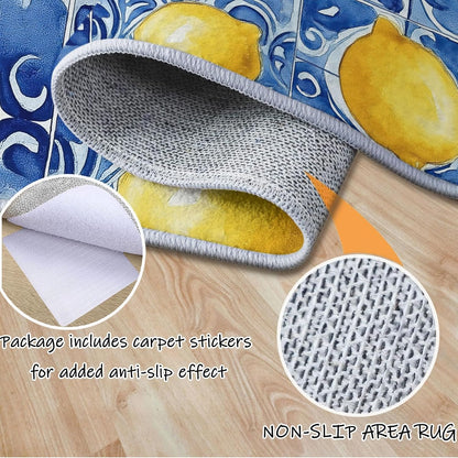 Lemon Fruit Blue Mosaic Geometry Area Rug 3 x 4, Soft Foldable Kids Rugs for Bedroom, Lightweight Carpet for Bedroom, Nursery, Living Room, Playroom, Study Room