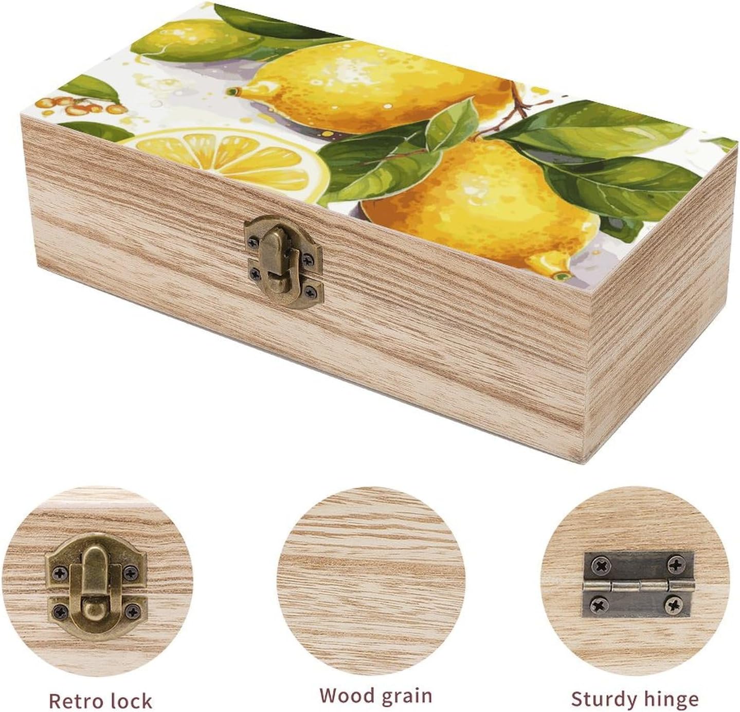 Fruits Lemon Wooden Storage Box 2.3x3.9x7.9 Inch Gift Boxes Large Memory Box Wooden Decorative Box for Keepsakes Valuables Accessories