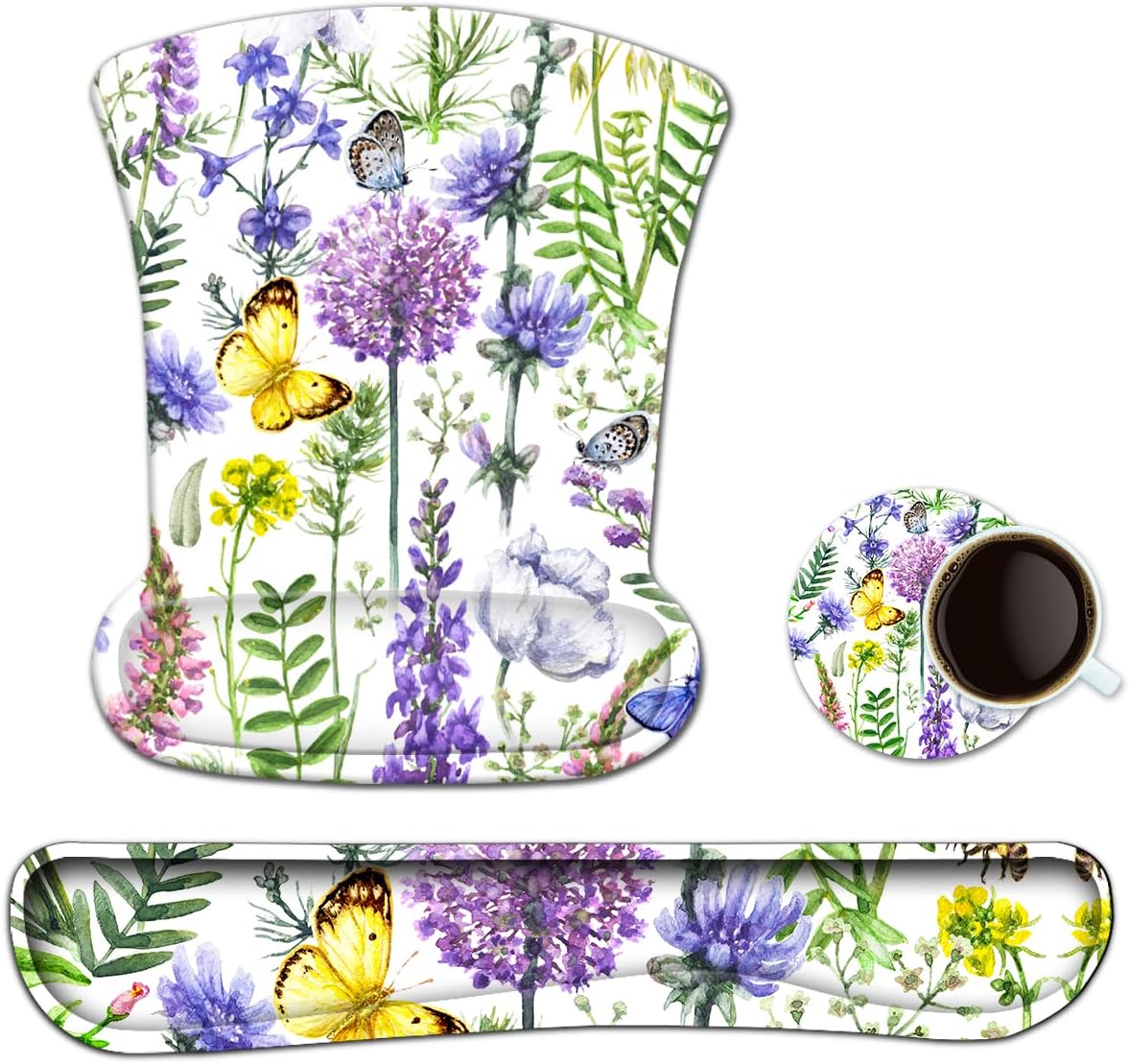 Keyboard Pad Wrist Rest Mouse Pad, Gel Ergonomic Mouse Pads for Computer Laptop Office, Mousepad Keyboard Wrist Support Memory Foam for Easy Typing & Pain Relief, Purple Floral Yellow Butterfly