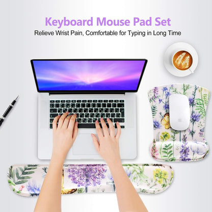 Keyboard Pad Wrist Rest Mouse Pad, Gel Ergonomic Mouse Pads for Computer Laptop Office, Mousepad Keyboard Wrist Support Memory Foam for Easy Typing & Pain Relief, Purple Floral Yellow Butterfly