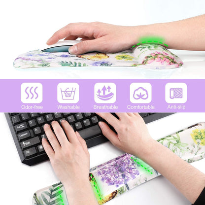 Keyboard Pad Wrist Rest Mouse Pad, Gel Ergonomic Mouse Pads for Computer Laptop Office, Mousepad Keyboard Wrist Support Memory Foam for Easy Typing & Pain Relief, Purple Floral Yellow Butterfly