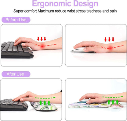 Keyboard Pad Wrist Rest Mouse Pad, Gel Ergonomic Mouse Pads for Computer Laptop Office, Mousepad Keyboard Wrist Support Memory Foam for Easy Typing & Pain Relief, Purple Floral Yellow Butterfly