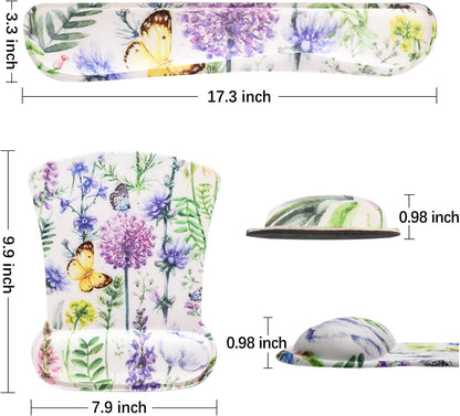 Keyboard Pad Wrist Rest Mouse Pad, Gel Ergonomic Mouse Pads for Computer Laptop Office, Mousepad Keyboard Wrist Support Memory Foam for Easy Typing & Pain Relief, Purple Floral Yellow Butterfly