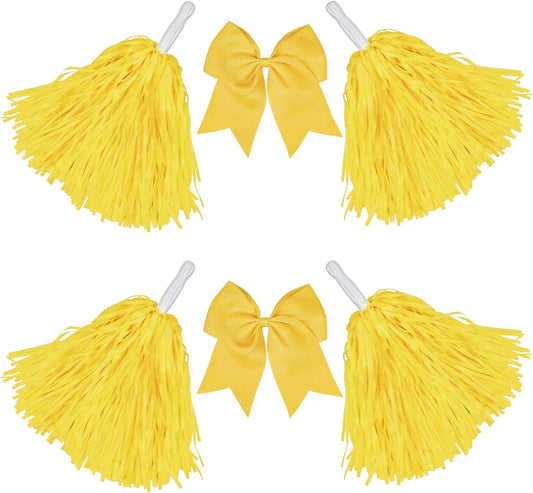 Cheerleading Pom Poms with Hair Bows 6 Piece Set, 4 Pieces Cheer Pom Poms and 2 Large 8 Inch Bows, Spirit Accessories for Girls Dance Party Costume Sports