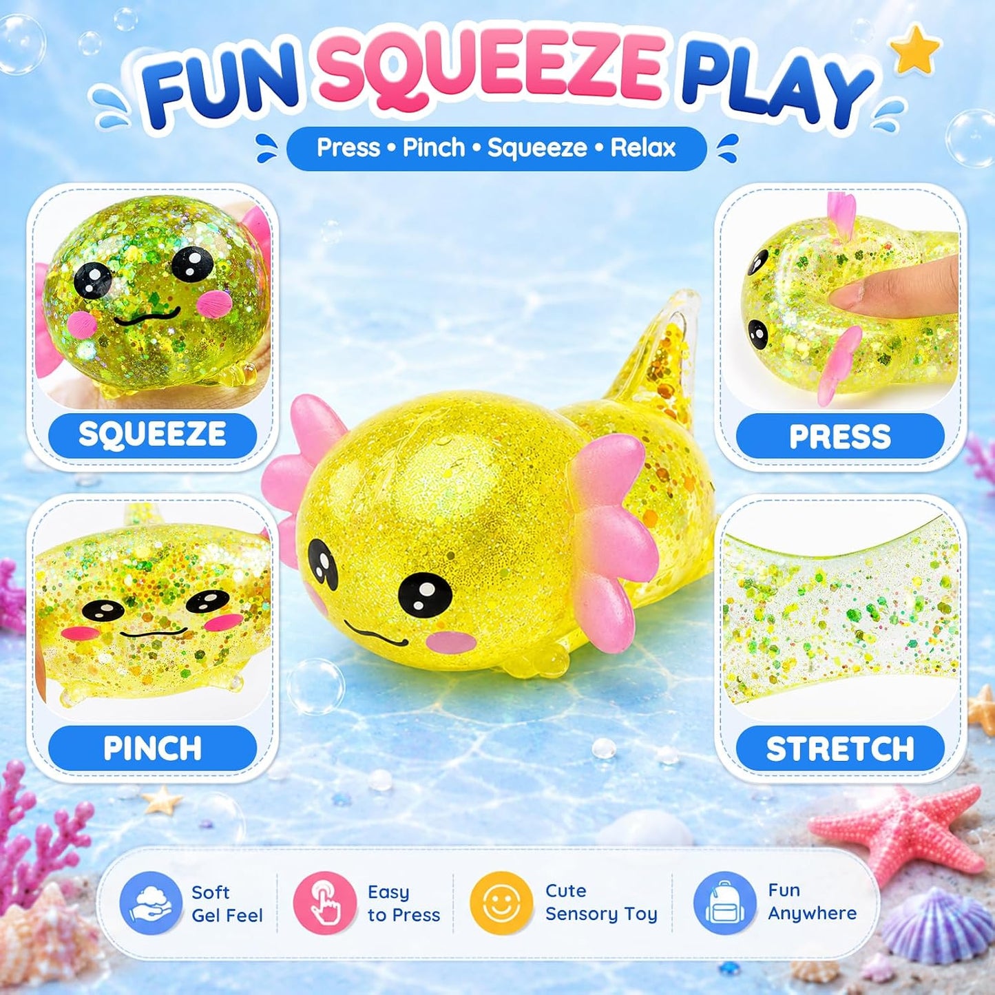 Axolotl Squishy Stress Ball,Soft Slow Rising Stress Relief Toy(Yellow) | Cute Slow Rising Fidget Toy for Stress Relief,Anxiety Sensory Gifts for Birthday Party Favors