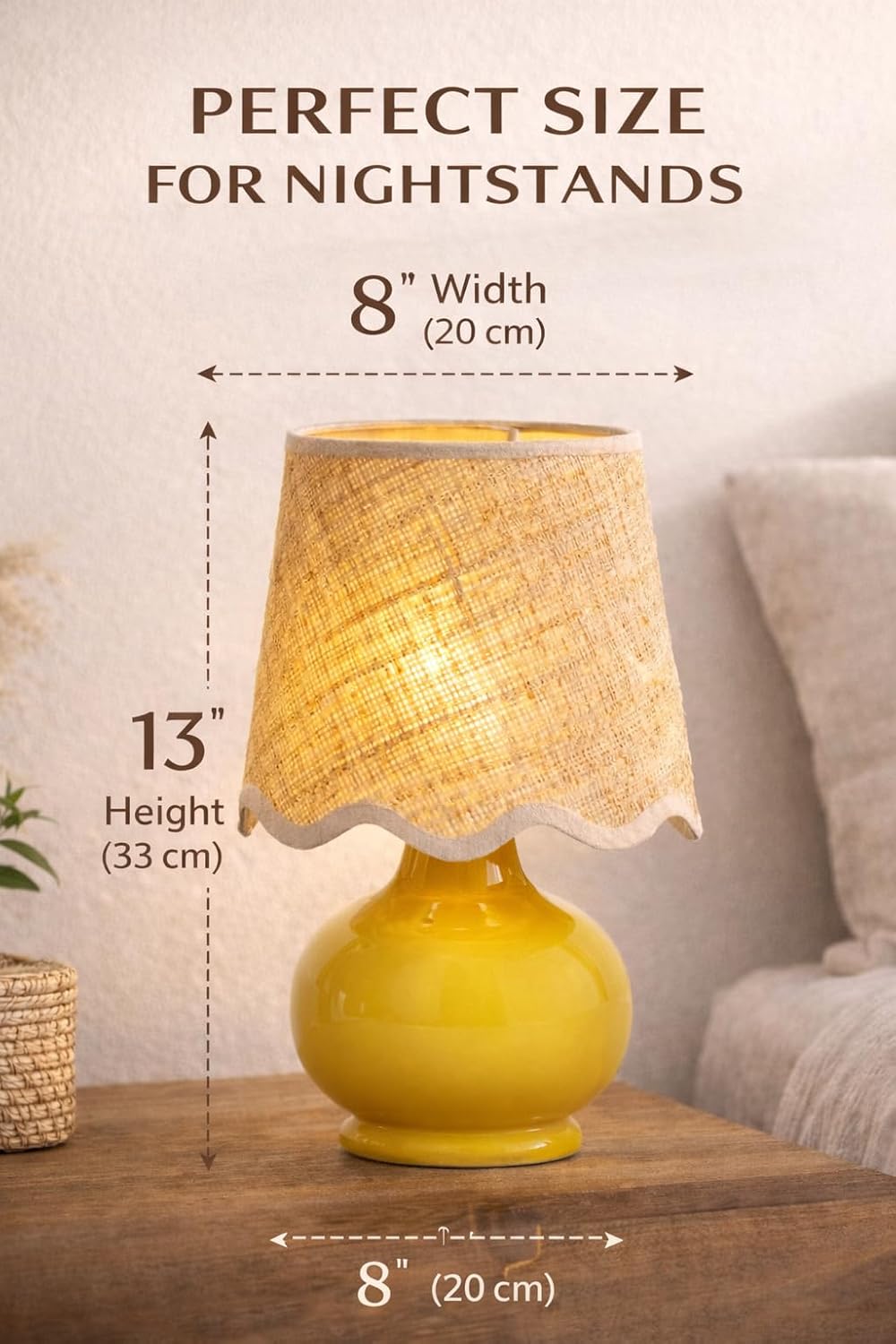 Benton Ceramic Table Lamp with Fabric Shade – 13" Bedside Accent Lamp for Bedroom, Living Room & Nightstand (Yellow)