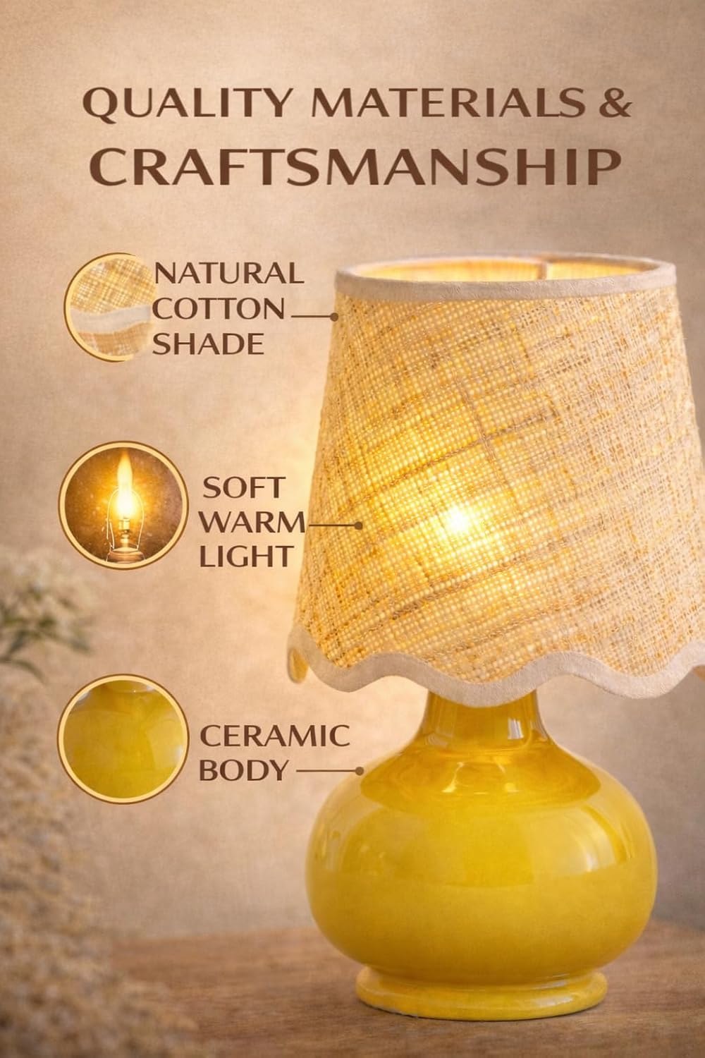 Benton Ceramic Table Lamp with Fabric Shade – 13" Bedside Accent Lamp for Bedroom, Living Room & Nightstand (Yellow)