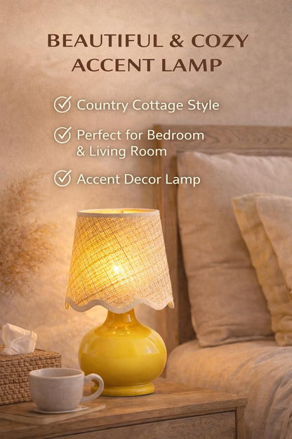 Benton Ceramic Table Lamp with Fabric Shade – 13" Bedside Accent Lamp for Bedroom, Living Room & Nightstand (Yellow)