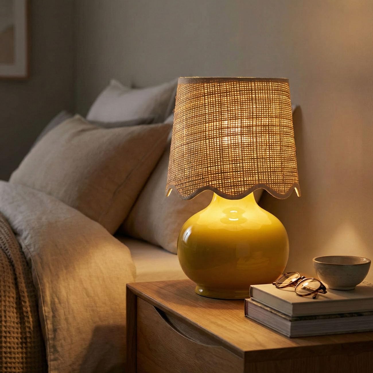 Benton Ceramic Table Lamp with Fabric Shade – 13" Bedside Accent Lamp for Bedroom, Living Room & Nightstand (Yellow)
