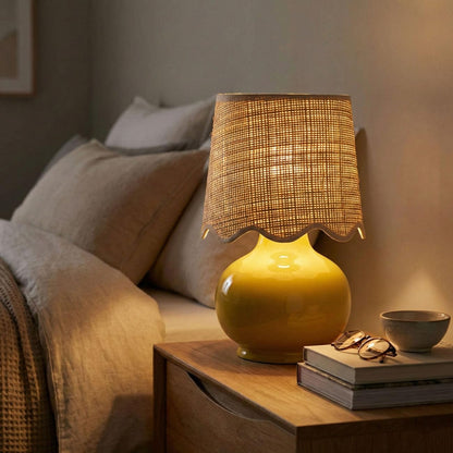 Benton Ceramic Table Lamp with Fabric Shade – 13" Bedside Accent Lamp for Bedroom, Living Room & Nightstand (Yellow)