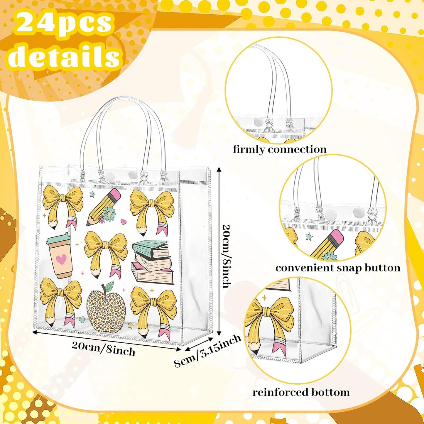 24 Pcs Lemon Clear Gift Bags with Handles Yellow Bow Lemon Print Transparent Tote Bags Reusable PVC Candy Treat Gift Container for Bridal Shower, Baby Shower, Wedding, Birthday Party Favors