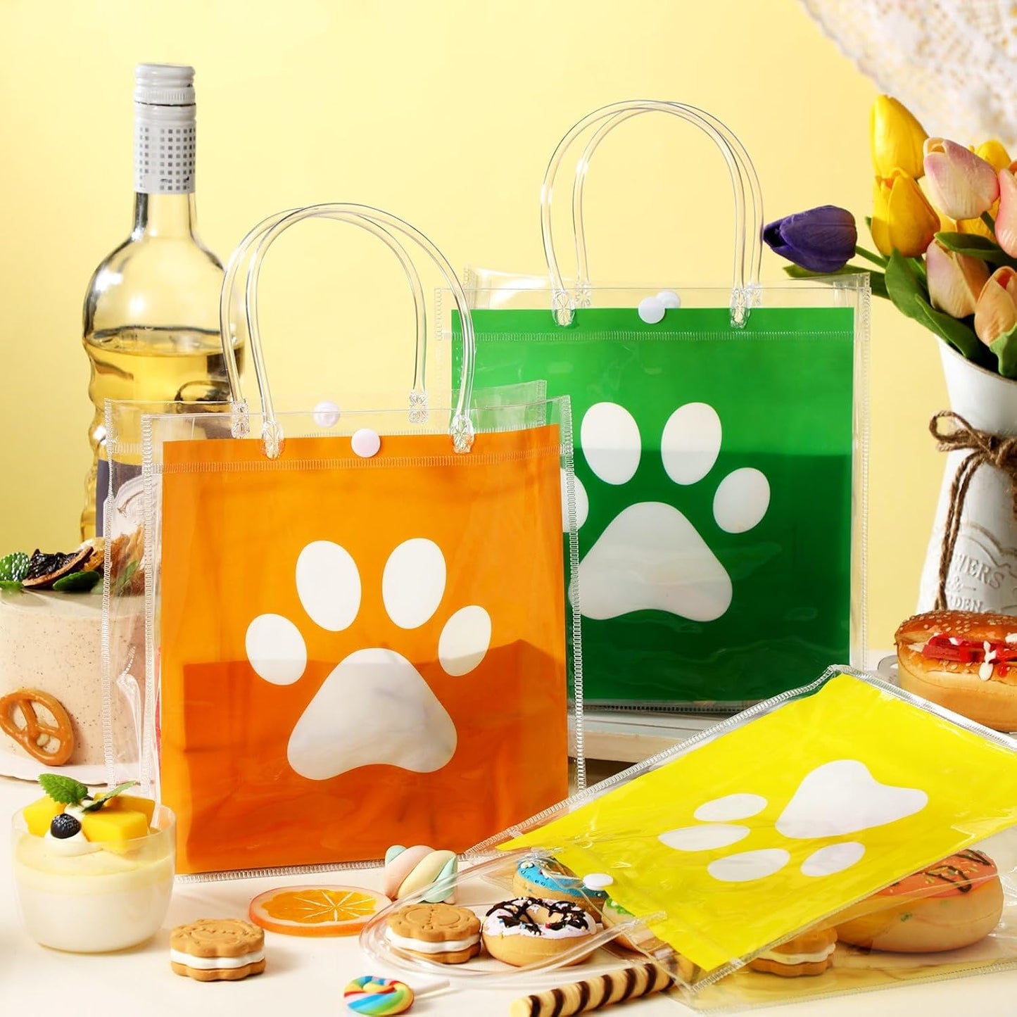 24 Pcs Lemon Clear Gift Bags with Handles Yellow Bow Lemon Print Transparent Tote Bags Reusable PVC Candy Treat Gift Container for Bridal Shower, Baby Shower, Wedding, Birthday Party Favors