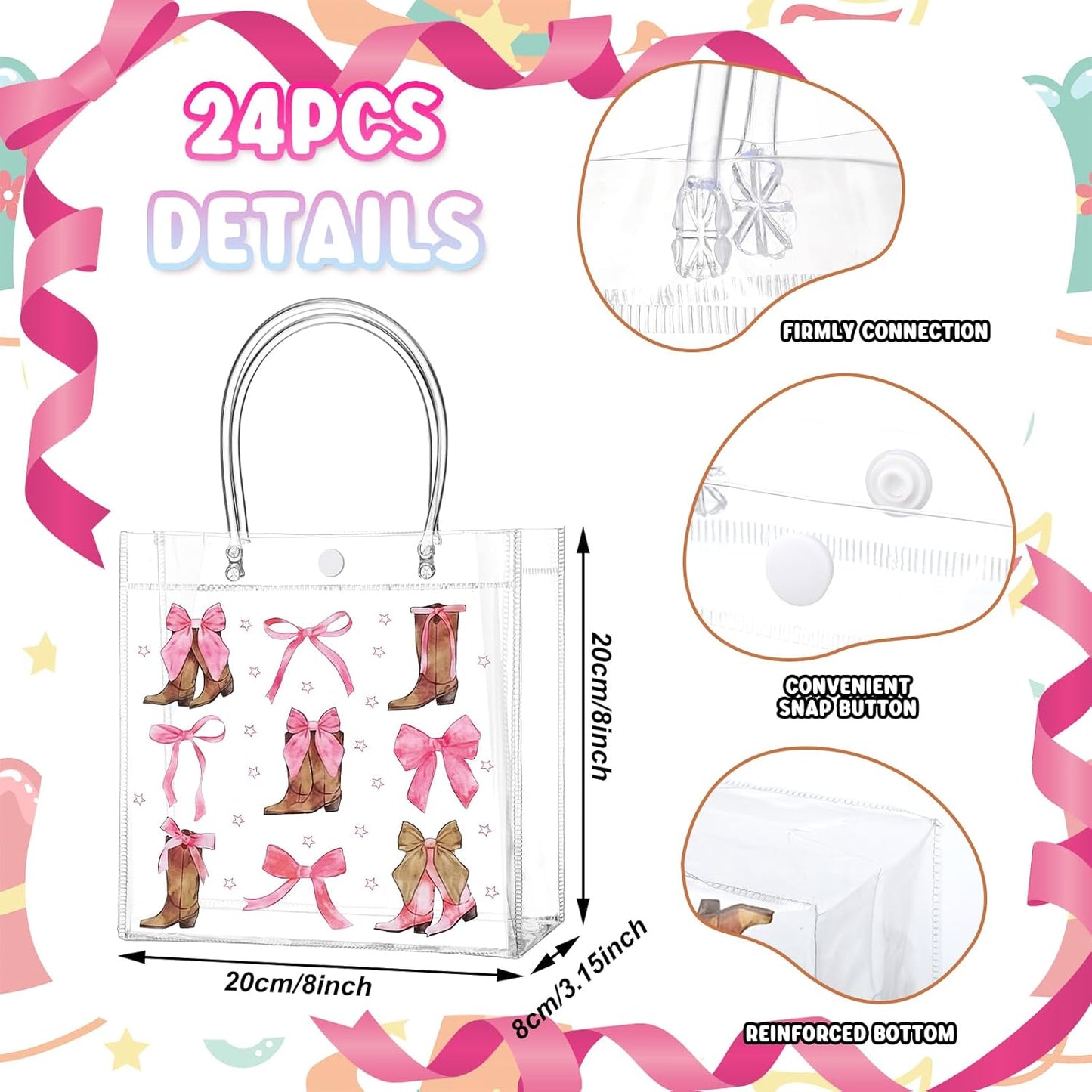 24 Pcs Lemon Clear Gift Bags with Handles Yellow Bow Lemon Print Transparent Tote Bags Reusable PVC Candy Treat Gift Container for Bridal Shower, Baby Shower, Wedding, Birthday Party Favors