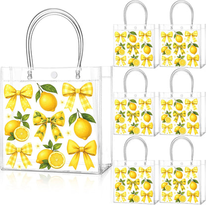 24 Pcs Lemon Clear Gift Bags with Handles Yellow Bow Lemon Print Transparent Tote Bags Reusable PVC Candy Treat Gift Container for Bridal Shower, Baby Shower, Wedding, Birthday Party Favors