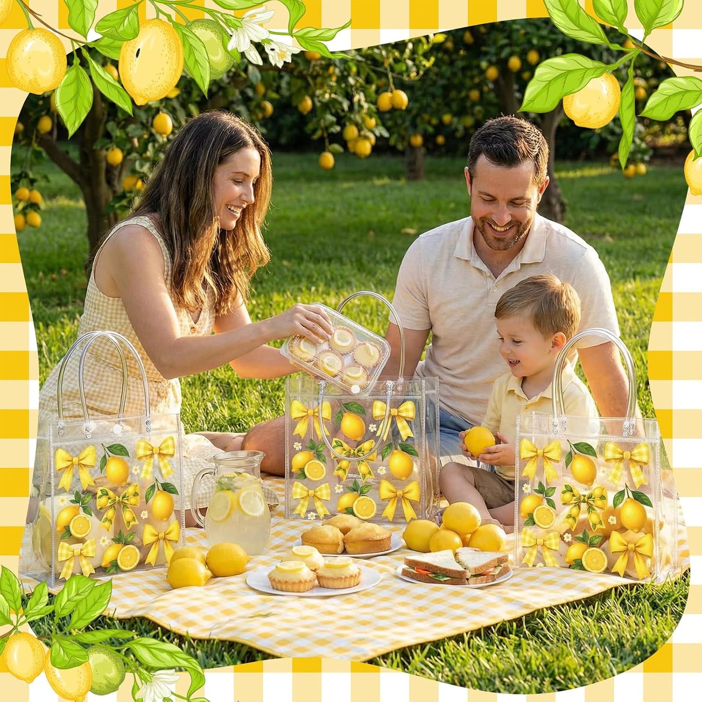 24 Pcs Lemon Clear Gift Bags with Handles Yellow Bow Lemon Print Transparent Tote Bags Reusable PVC Candy Treat Gift Container for Bridal Shower, Baby Shower, Wedding, Birthday Party Favors