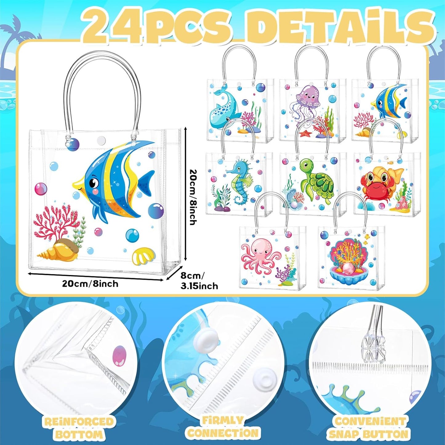 24 Pcs Lemon Clear Gift Bags with Handles Yellow Bow Lemon Print Transparent Tote Bags Reusable PVC Candy Treat Gift Container for Bridal Shower, Baby Shower, Wedding, Birthday Party Favors