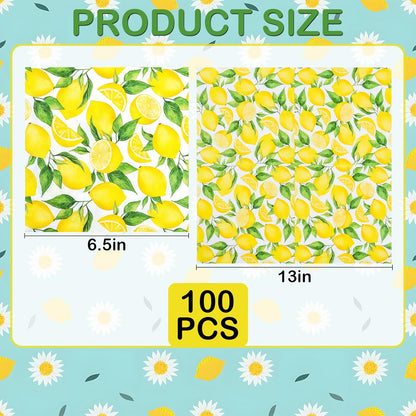 100 Lemon Disposable Paper Napkins Summer Party Luncheon Napkin 6.5" | Yellow Lemons Citrus Fruit Hand Towels for Wedding Birthday Bridal Baby Shower Party Supplies Table Decor