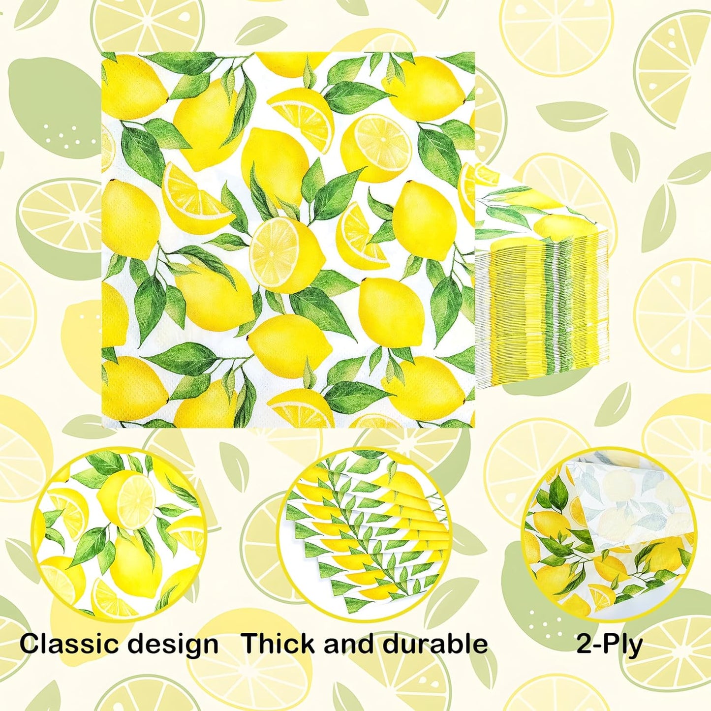 100 Lemon Disposable Paper Napkins Summer Party Luncheon Napkin 6.5" | Yellow Lemons Citrus Fruit Hand Towels for Wedding Birthday Bridal Baby Shower Party Supplies Table Decor