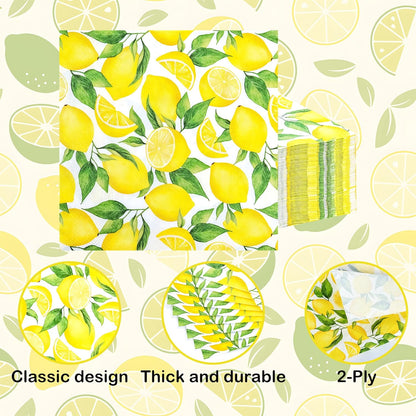 100 Lemon Disposable Paper Napkins Summer Party Luncheon Napkin 6.5" | Yellow Lemons Citrus Fruit Hand Towels for Wedding Birthday Bridal Baby Shower Party Supplies Table Decor
