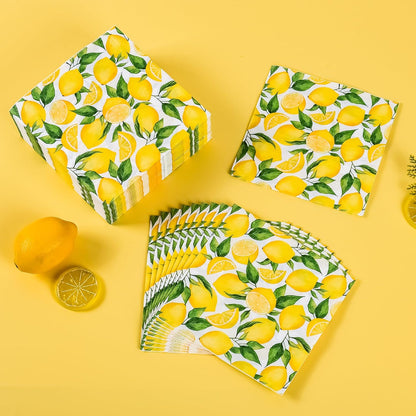 100 Lemon Disposable Paper Napkins Summer Party Luncheon Napkin 6.5" | Yellow Lemons Citrus Fruit Hand Towels for Wedding Birthday Bridal Baby Shower Party Supplies Table Decor
