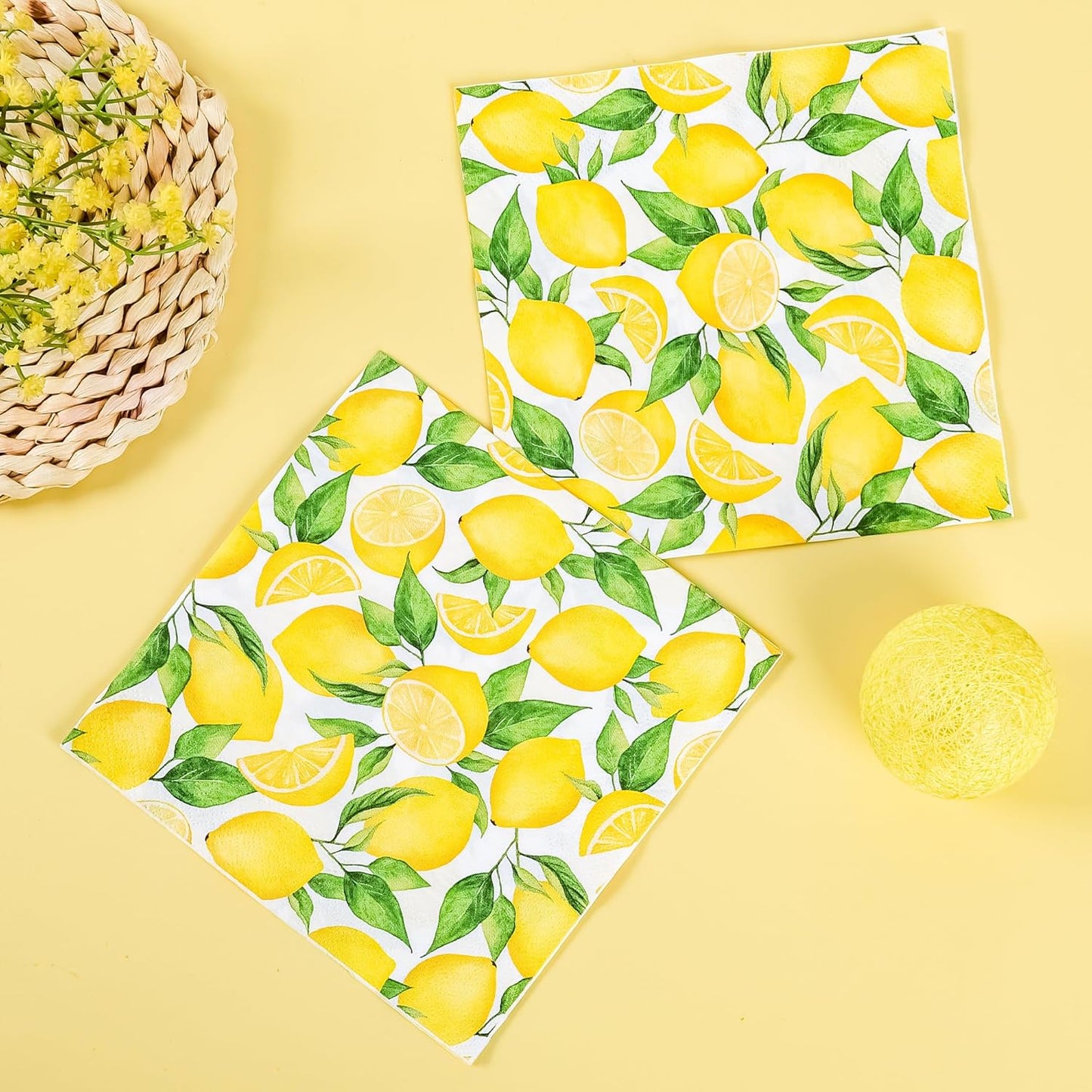 100 Lemon Disposable Paper Napkins Summer Party Luncheon Napkin 6.5" | Yellow Lemons Citrus Fruit Hand Towels for Wedding Birthday Bridal Baby Shower Party Supplies Table Decor