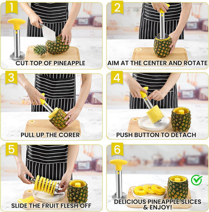 AUBENR Premium Pineapple Corer and Slicer Tool - Sharp Pineapple Cutter with Serrated Tips - Easy to Use and Clean - Stainless Steel Core Remover for Pineapple - Core Fruits with Ease(Yellow)