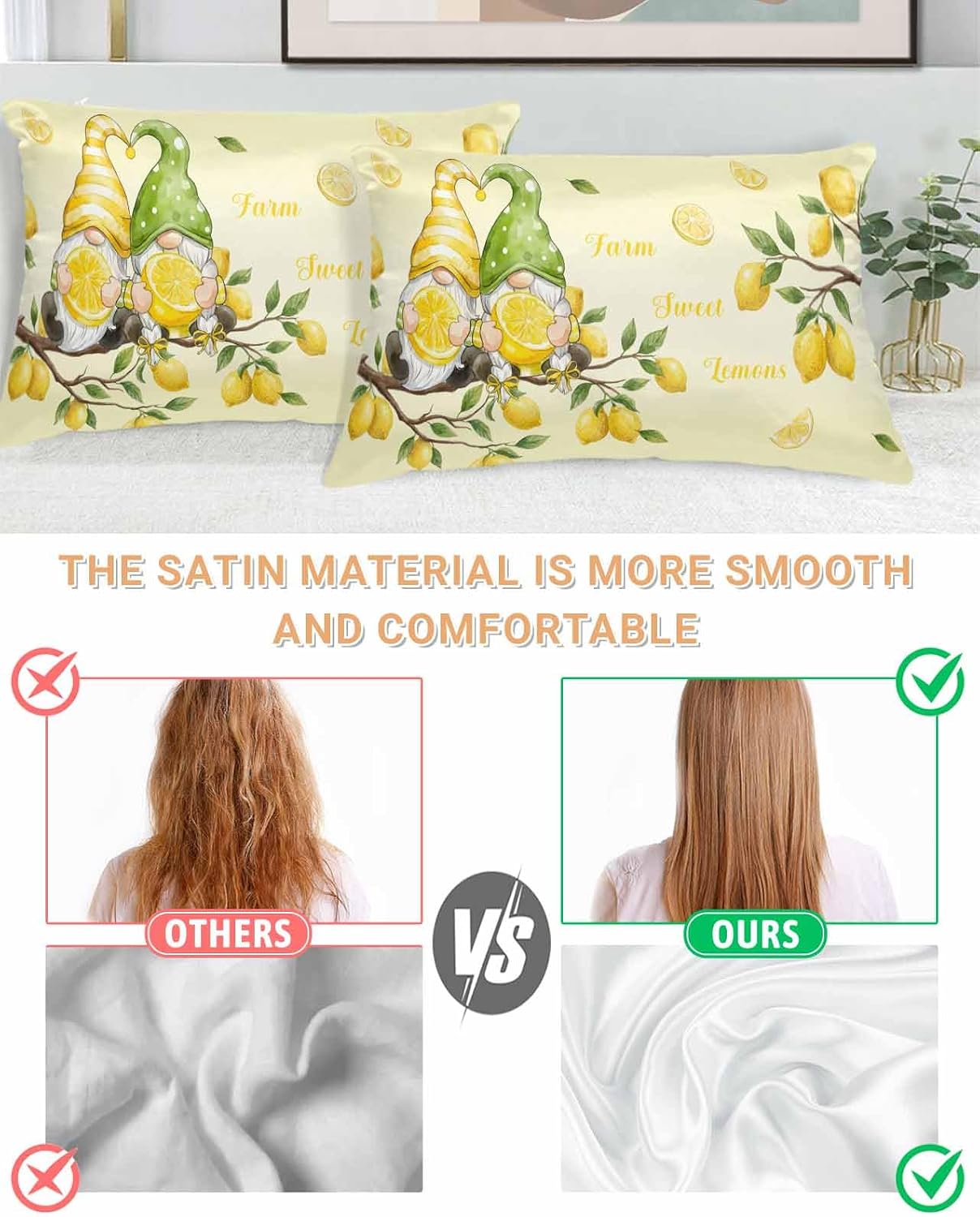 Satin Pillowcases Standard Size, Lemon Gnomes Silk Pillow Cases for Hair and Skin with Zipper 2 Pack, Summer Tropical Fruits Lemon Yellow Smooth Throw Pillow Covers for Sleeping, 20"x26"