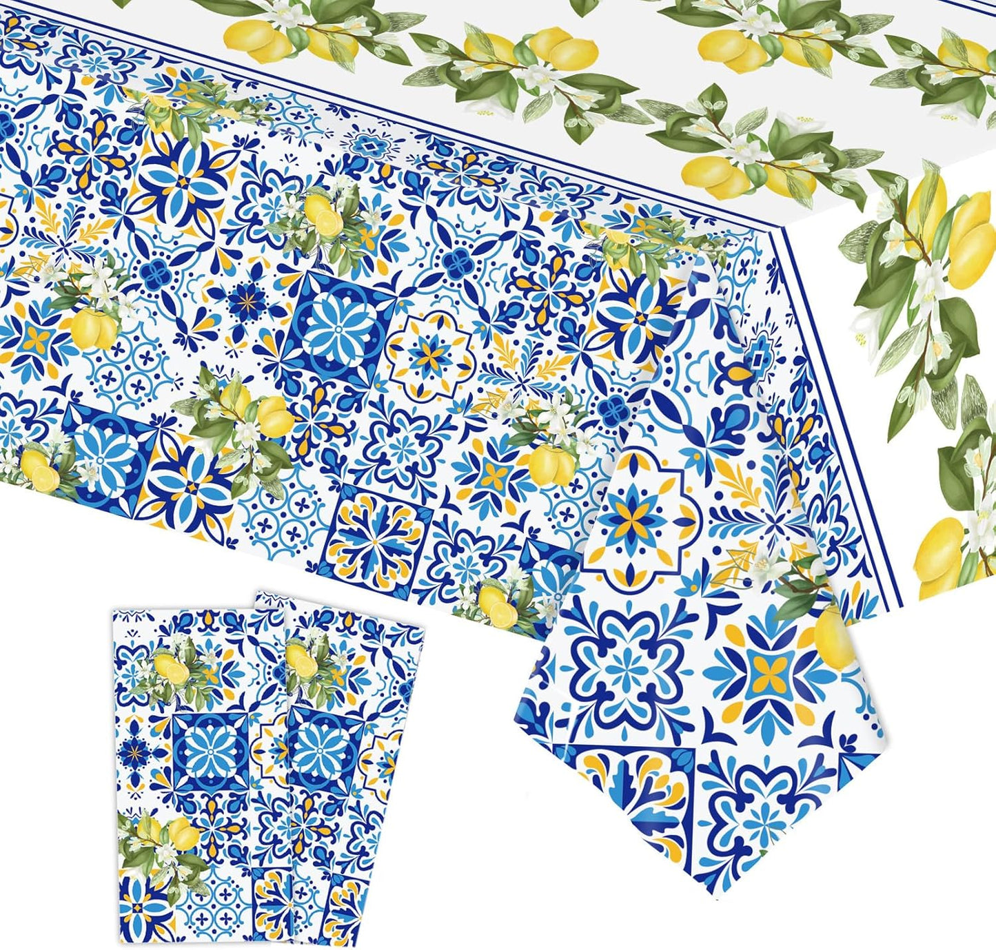 2 Pack Lemon Tablecloth, Mediterranean Blue Tile & Yellow Lemon Print Table Cover, Waterproof & Wrinkle Resistant Rectangular Tablecloth for Summer Picnic, Birthday, Brunch, 54" x 108"