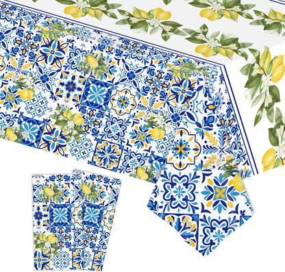 2 Pack Lemon Tablecloth, Mediterranean Blue Tile & Yellow Lemon Print Table Cover, Waterproof & Wrinkle Resistant Rectangular Tablecloth for Summer Picnic, Birthday, Brunch, 54" x 108"