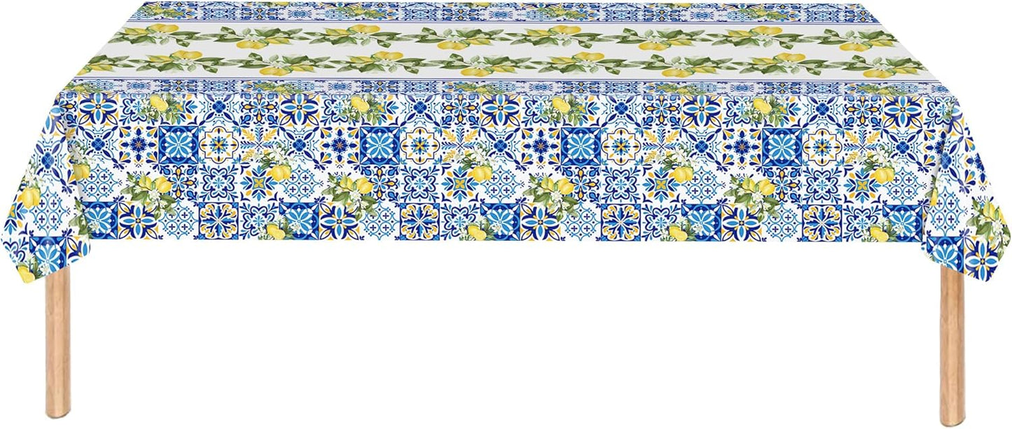 2 Pack Lemon Tablecloth, Mediterranean Blue Tile & Yellow Lemon Print Table Cover, Waterproof & Wrinkle Resistant Rectangular Tablecloth for Summer Picnic, Birthday, Brunch, 54" x 108"