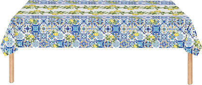 2 Pack Lemon Tablecloth, Mediterranean Blue Tile & Yellow Lemon Print Table Cover, Waterproof & Wrinkle Resistant Rectangular Tablecloth for Summer Picnic, Birthday, Brunch, 54" x 108"