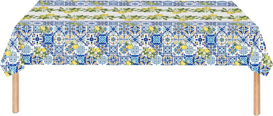 2 Pack Lemon Tablecloth, Mediterranean Blue Tile & Yellow Lemon Print Table Cover, Waterproof & Wrinkle Resistant Rectangular Tablecloth for Summer Picnic, Birthday, Brunch, 54" x 108"
