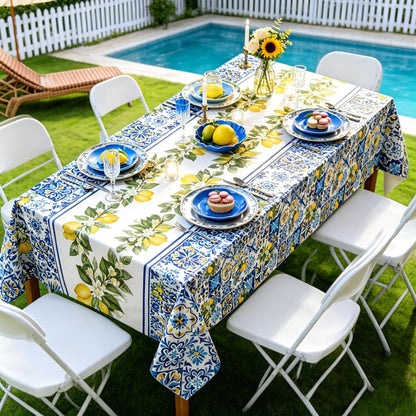 2 Pack Lemon Tablecloth, Mediterranean Blue Tile & Yellow Lemon Print Table Cover, Waterproof & Wrinkle Resistant Rectangular Tablecloth for Summer Picnic, Birthday, Brunch, 54" x 108"