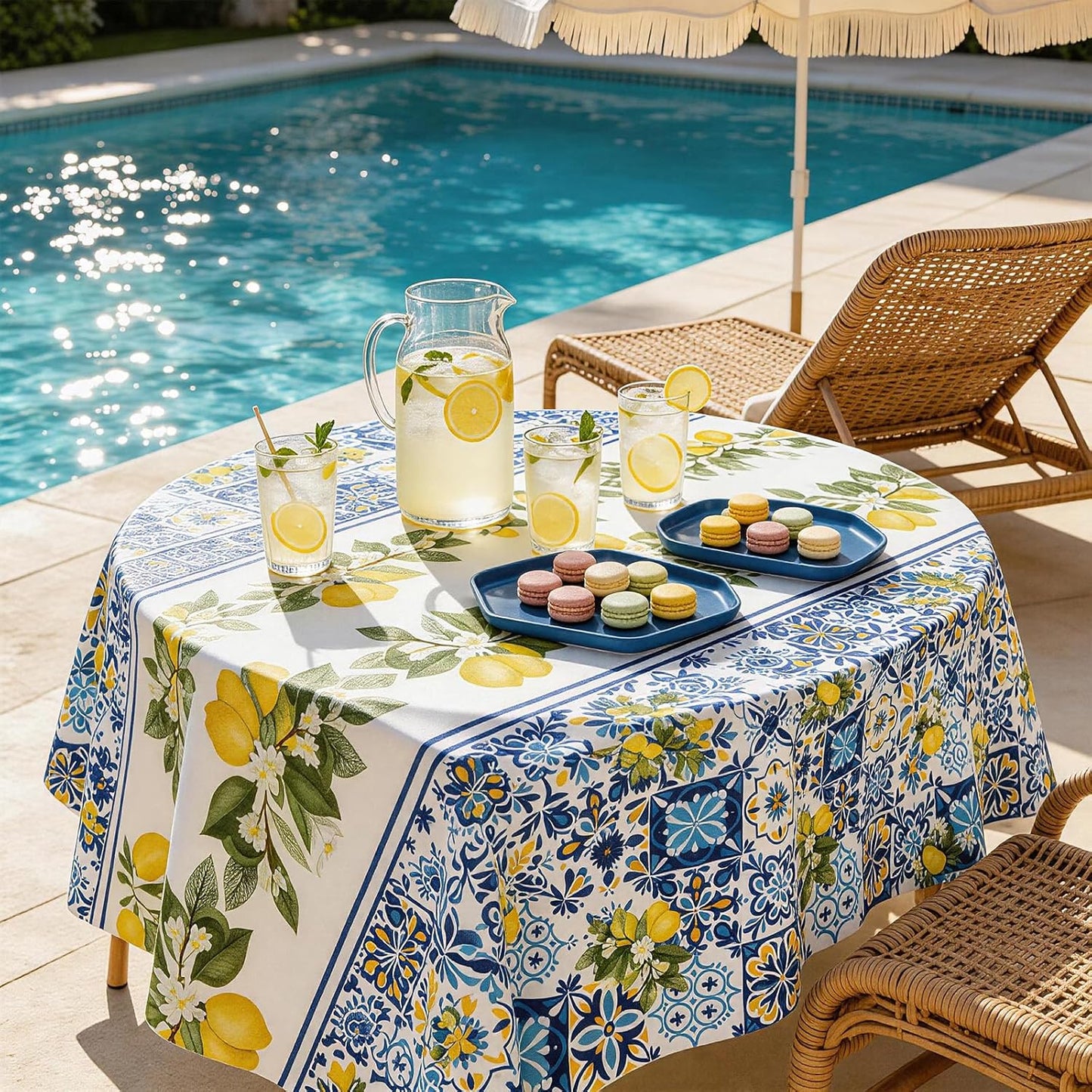 2 Pack Lemon Tablecloth, Mediterranean Blue Tile & Yellow Lemon Print Table Cover, Waterproof & Wrinkle Resistant Rectangular Tablecloth for Summer Picnic, Birthday, Brunch, 54" x 108"