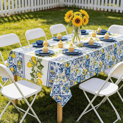 2 Pack Lemon Tablecloth, Mediterranean Blue Tile & Yellow Lemon Print Table Cover, Waterproof & Wrinkle Resistant Rectangular Tablecloth for Summer Picnic, Birthday, Brunch, 54" x 108"