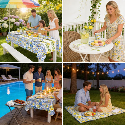 2 Pack Lemon Tablecloth, Mediterranean Blue Tile & Yellow Lemon Print Table Cover, Waterproof & Wrinkle Resistant Rectangular Tablecloth for Summer Picnic, Birthday, Brunch, 54" x 108"