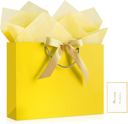 Gift Bags with Handles, 13" Medium Gift Bags with Tissue Paper | 1 Pcs Yellow Bags, 2 Tissue Paper and 1 Cards, for Baby Shower, Wedding Bridal Shower, Birthday Party