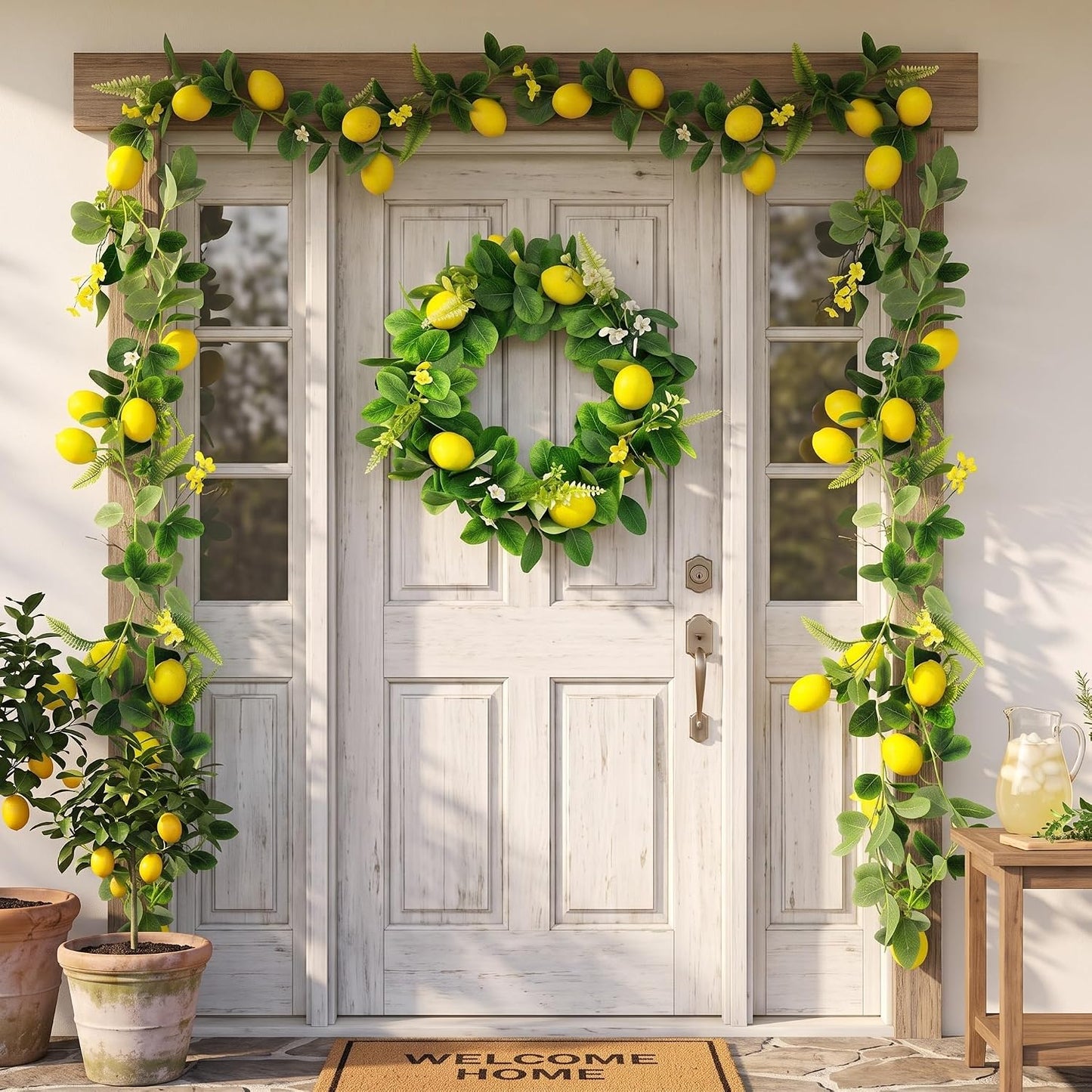 3 Pcs Artificial Lemon Garland Set Includes 18 Inch Lemon Wreath, 2pcs (13ft Total) Lemons Vine Garland Faux Fruit with Greenery for Wedding Party Wall Mantle Table Kitchen Door Summer Decor